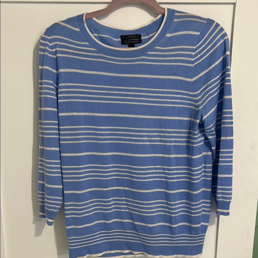 J. Crew Sky Blue and Cream Cashmere Striped Sweater